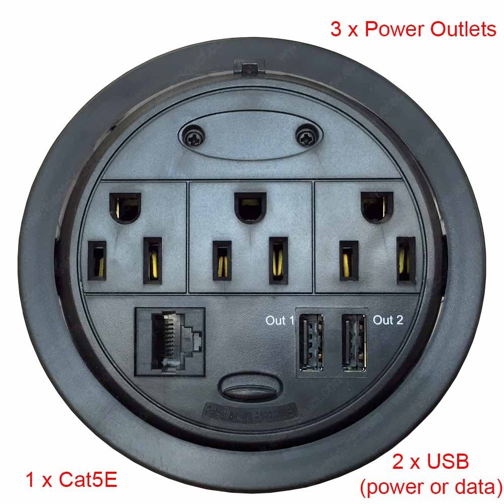 Toma Electrico Redondo Negro (1D-2E-2USB)